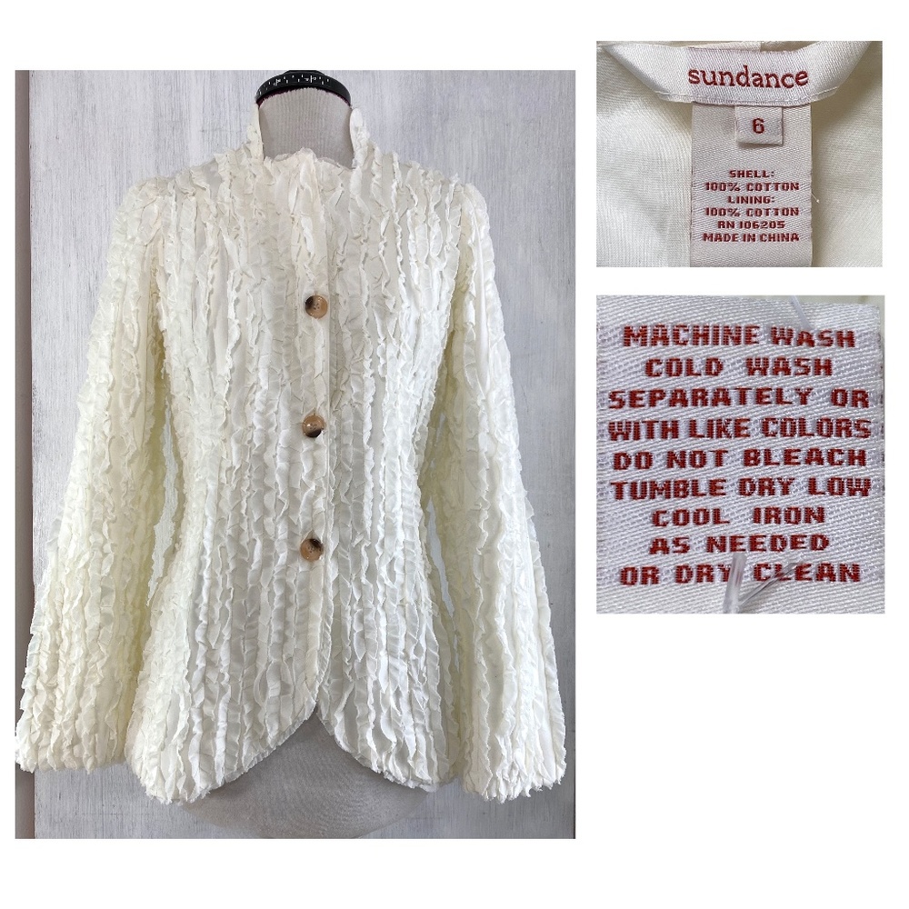 SUNDANCE Ivory Ruffle Cotton Button Jacket